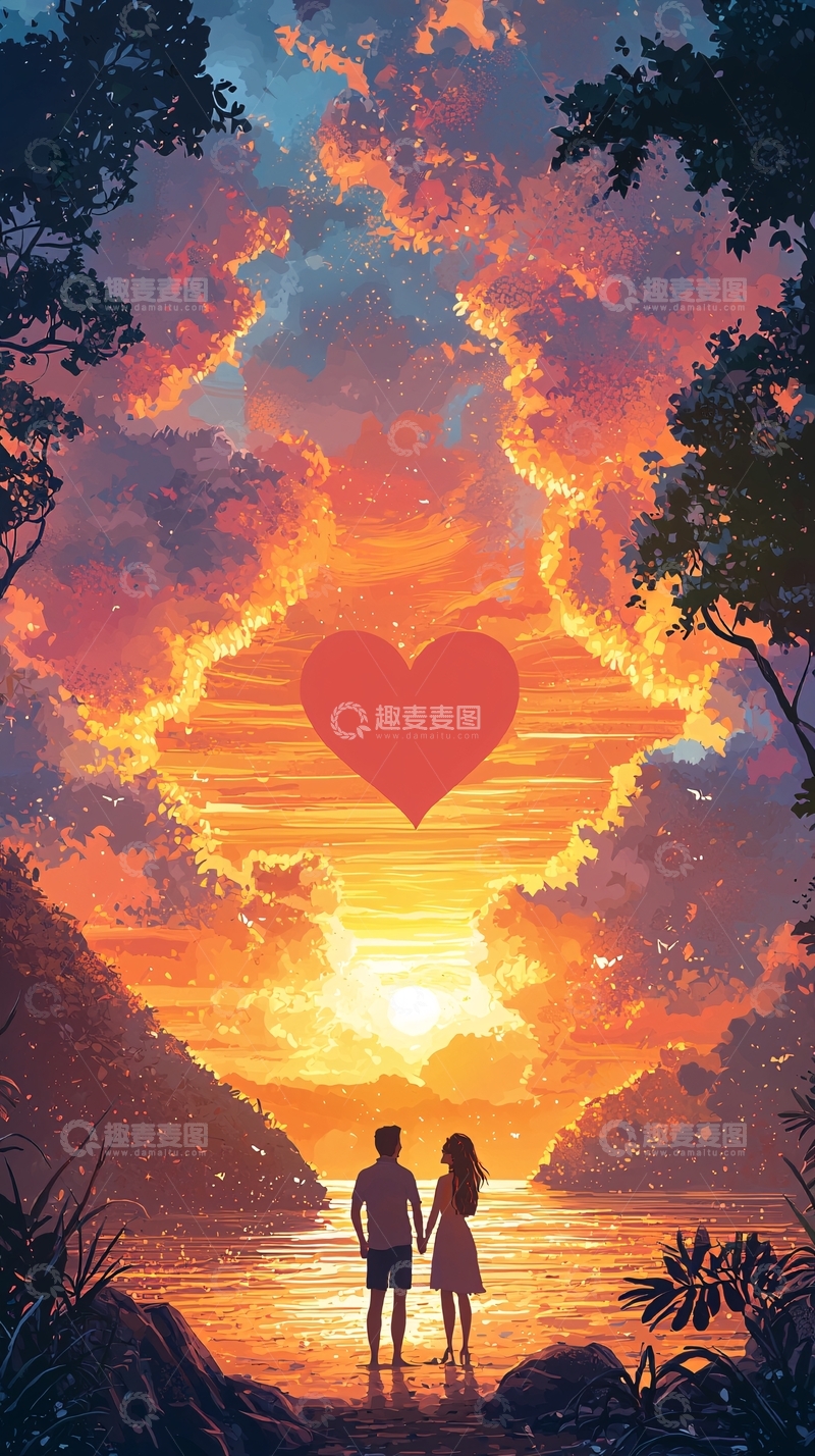 高清大图下载【趣麦麦图】日落情侣剪影
