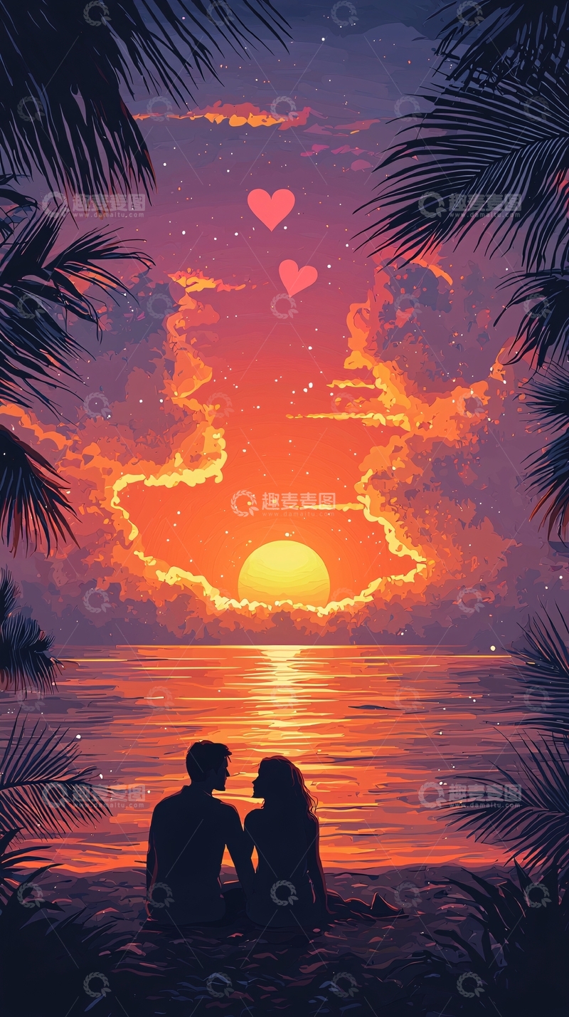 高清大图下载【趣麦麦图】日落海滩情侣剪影