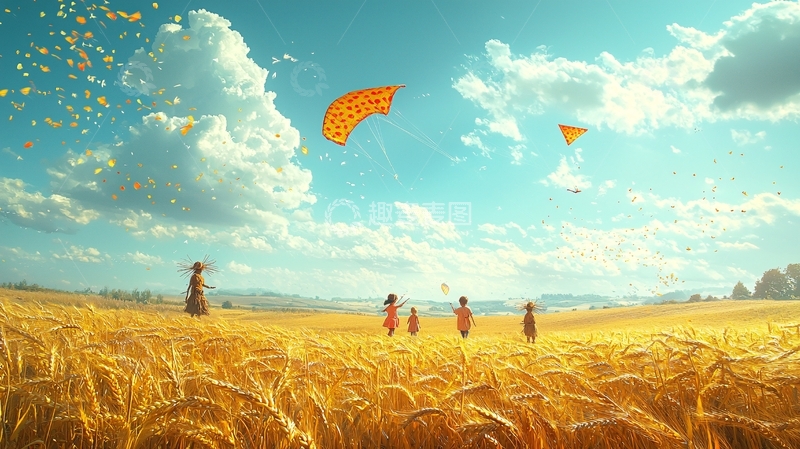 高清大图下载【趣麦麦图】麦田里放风筝的孩子们