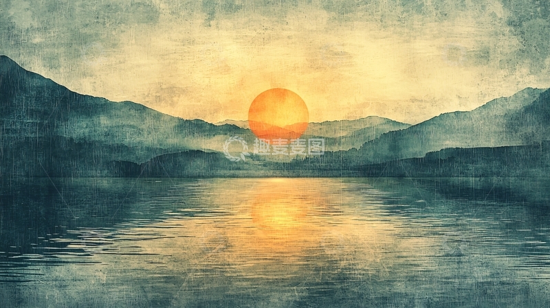 高清大图下载【趣麦麦图】日落山水画