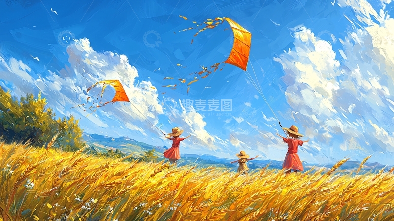 高清大图下载【趣麦麦图】晴朗天空下麦田放风筝