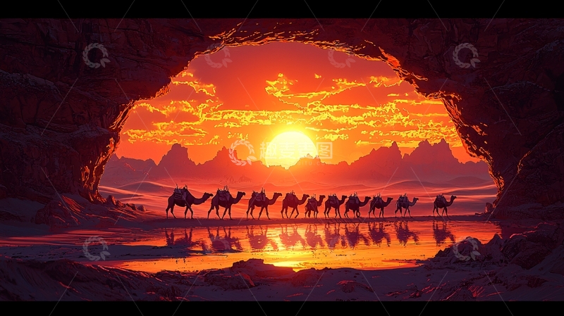 高清大图下载【趣麦麦图】沙漠日落驼队