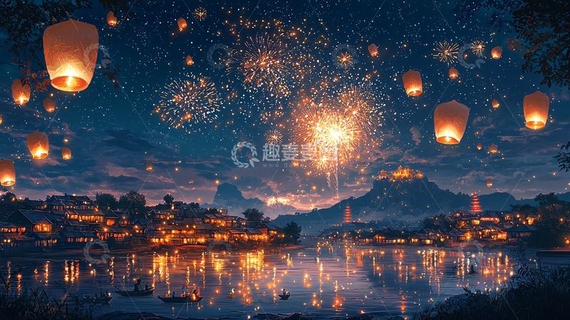 高清大图下载【趣麦麦图】夜空飞舞的孔明灯和烟火