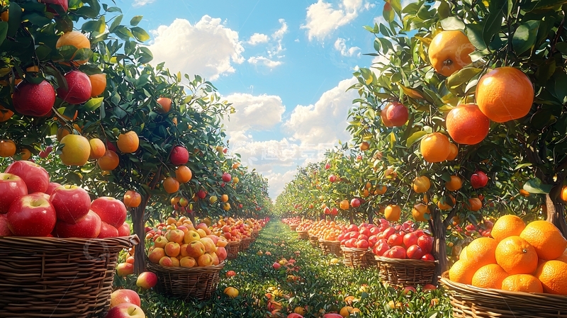 高清大图下载【趣麦麦图】阳光灿烂的果园丰收景象