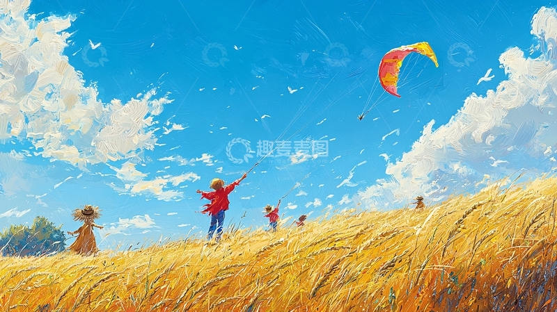 高清大图下载【趣麦麦图】蓝天白云下放风筝的女孩