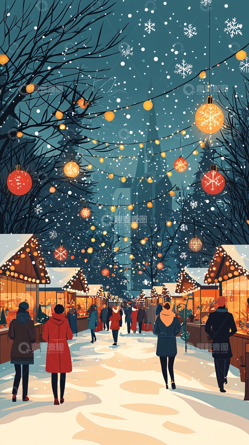 高清大图下载【趣麦麦图】下雪的圣诞集市