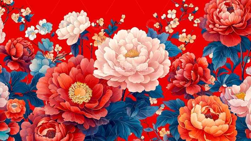 高清大图下载【趣麦麦图】红底牡丹花卉纹样