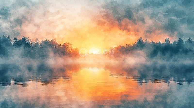 高清大图下载【趣麦麦图】雾气森林日出倒影