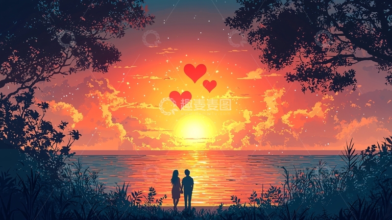 高清大图下载【趣麦麦图】日落海边情侣剪影