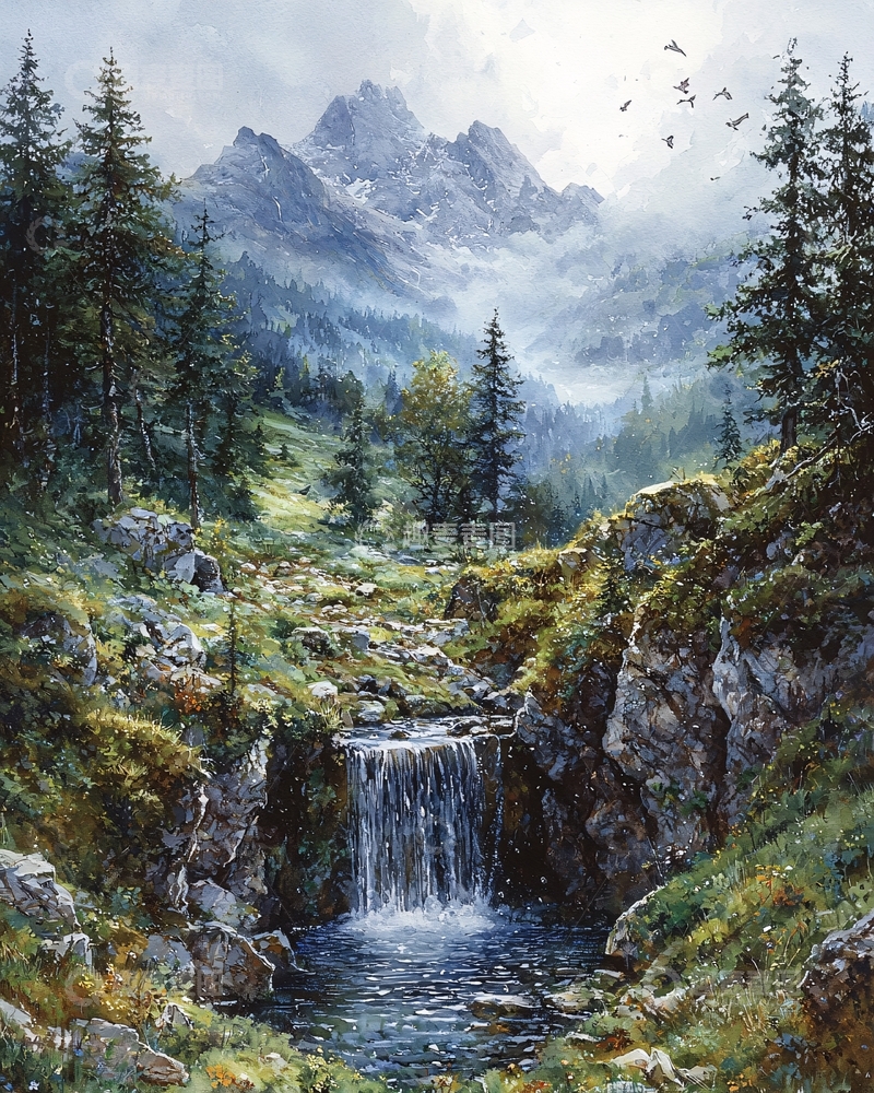 高清大图下载【趣麦麦图】山间瀑布风景画