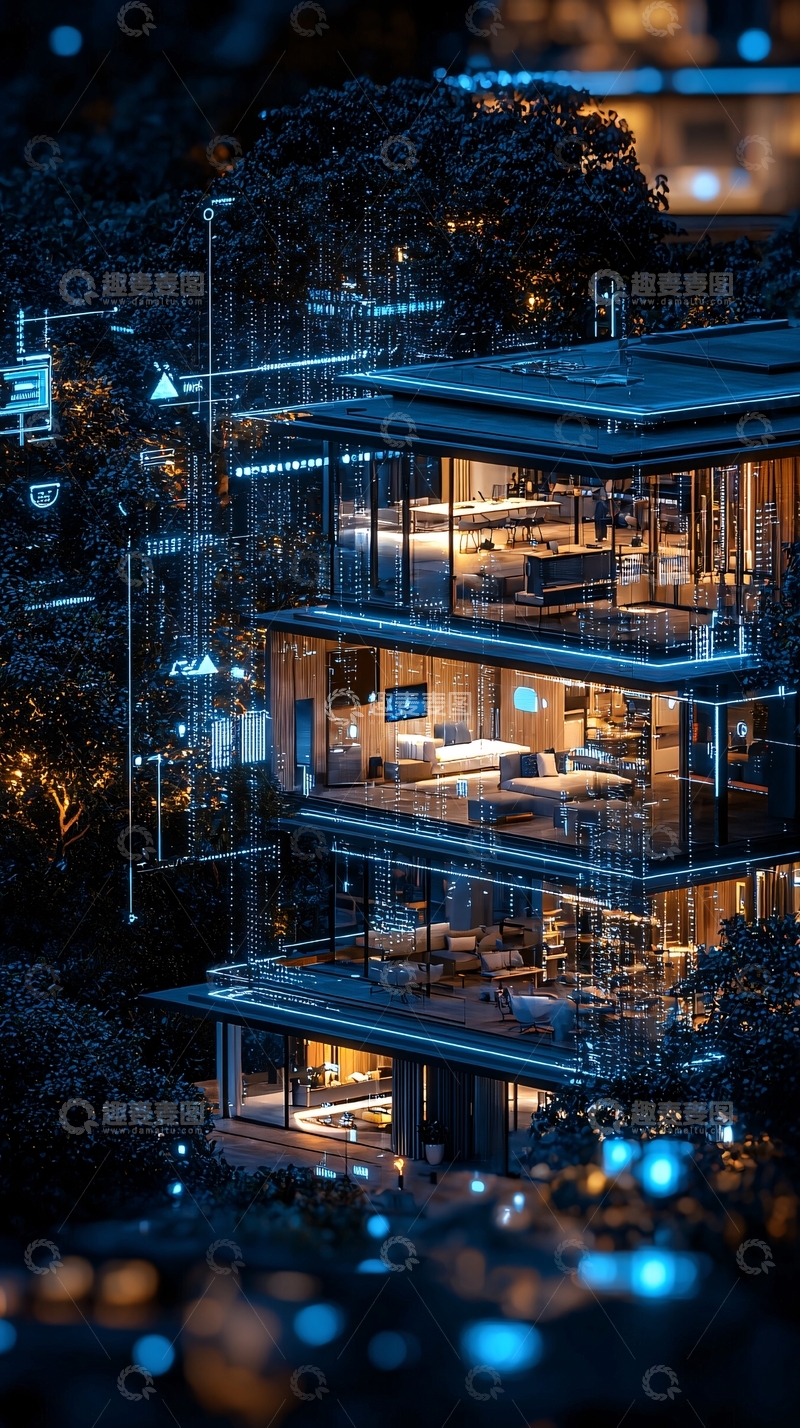 高清大图下载【趣麦麦图】夜晚智能家居别墅