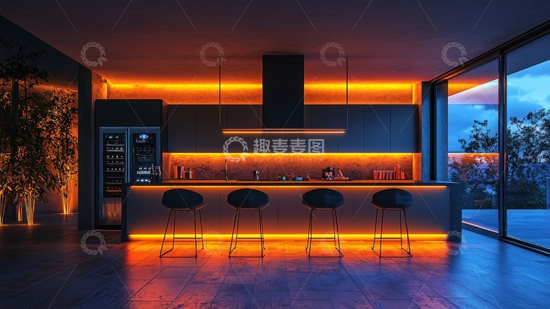 高清大图下载【趣麦麦图】现代厨房暖色调灯光设计