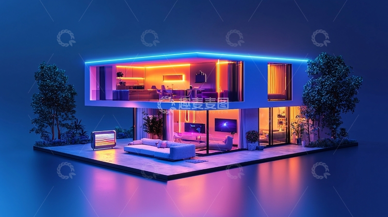 高清大图下载【趣麦麦图】炫彩灯光现代别墅夜景