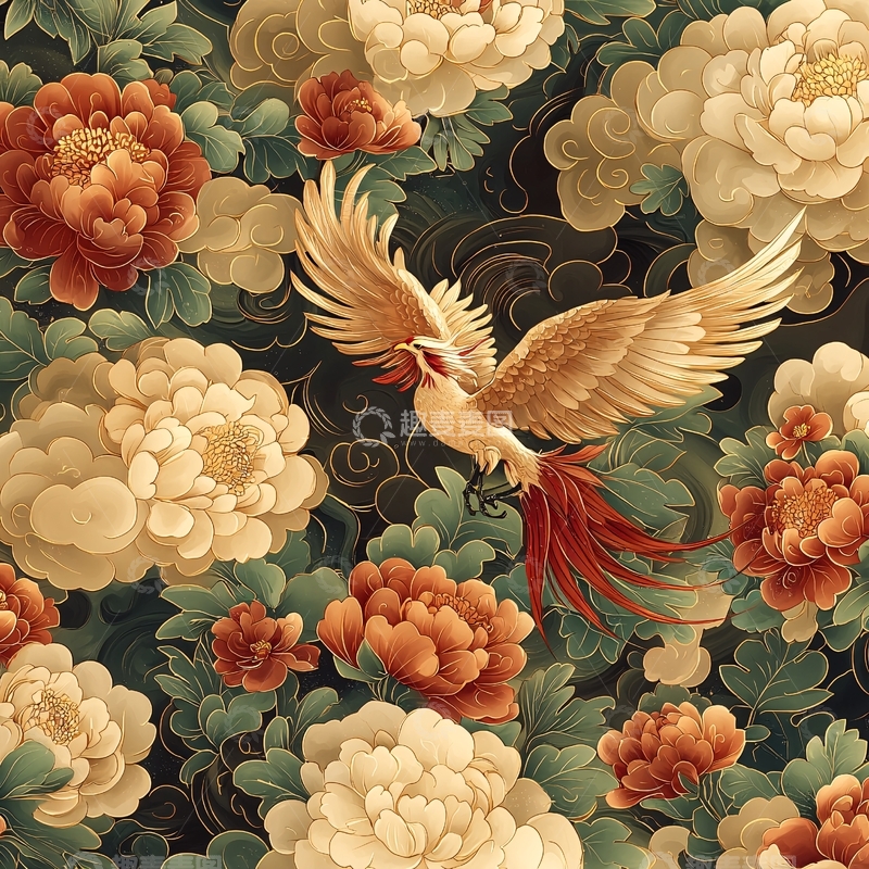 高清大图下载【趣麦麦图】金色凤凰牡丹图