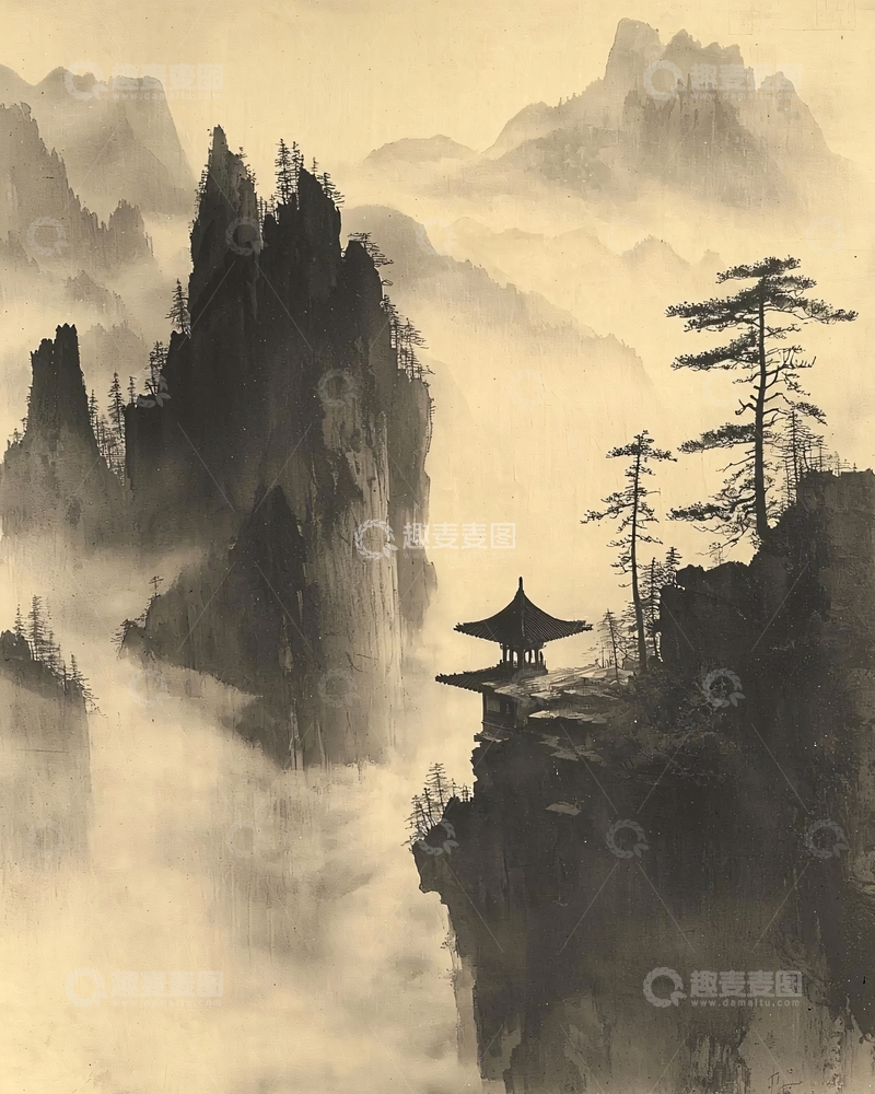 高清大图下载【趣麦麦图】水墨山水寺庙云雾缭绕