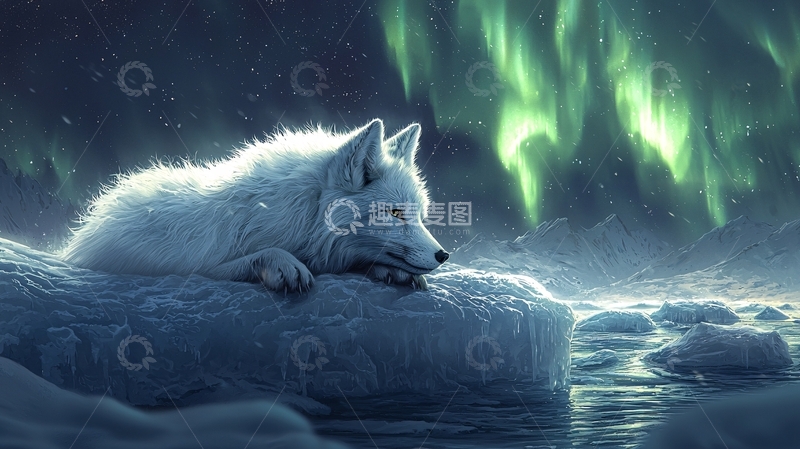 高清大图下载【趣麦麦图】极光下休憩的白狐