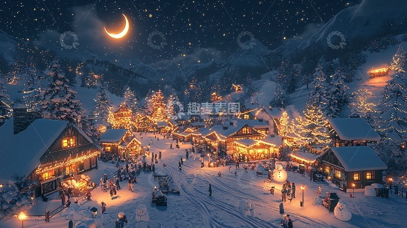 高清大图下载【趣麦麦图】夜晚雪景小镇