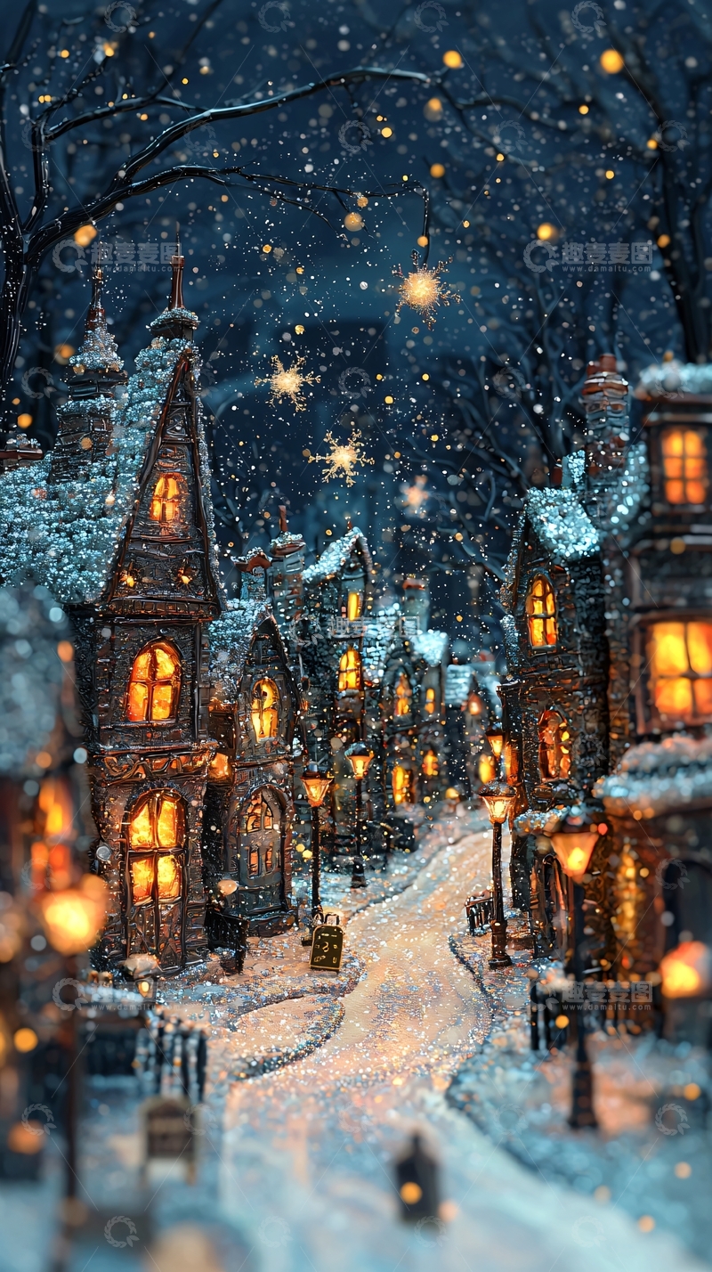 高清大图下载【趣麦麦图】冬夜雪景小镇