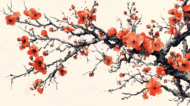 高清大图下载【趣麦麦图】-水墨红梅枝条