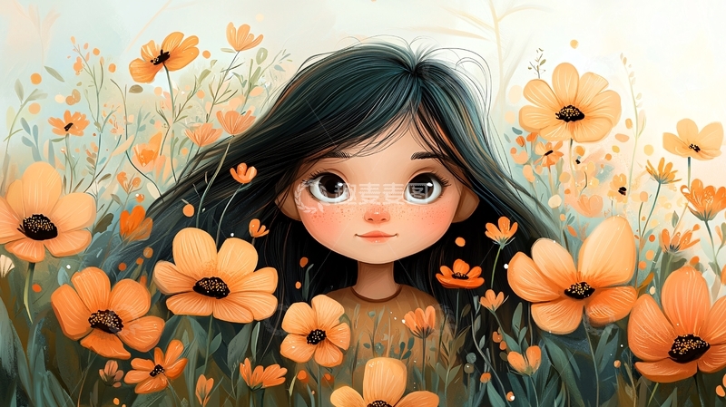 高清大图下载【趣麦麦图】-小女孩在橙色花田里