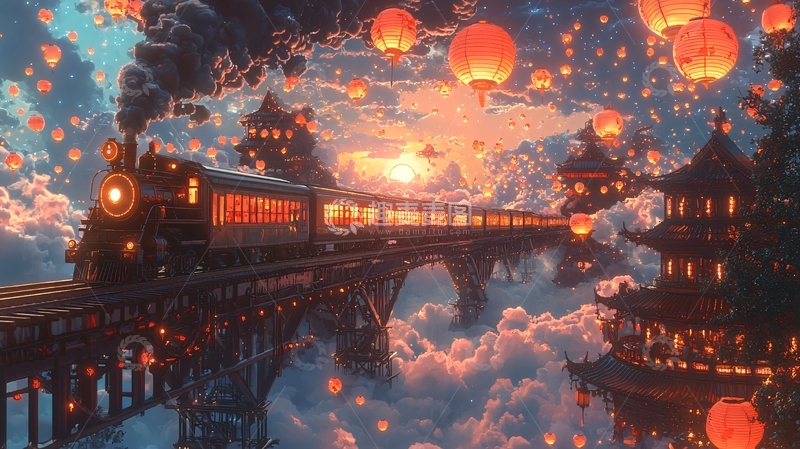 高清大图下载【趣麦麦图】蒸汽火车飞天梦幻场景