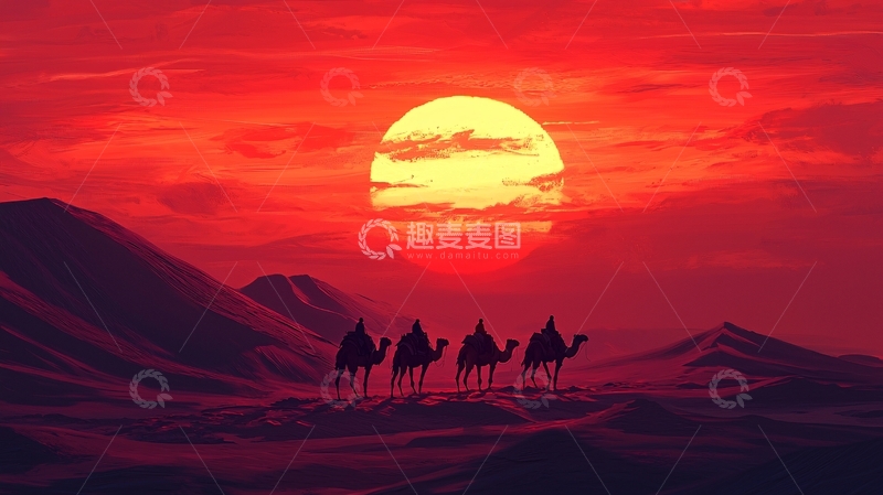 高清大图下载【趣麦麦图】沙漠日落驼队
