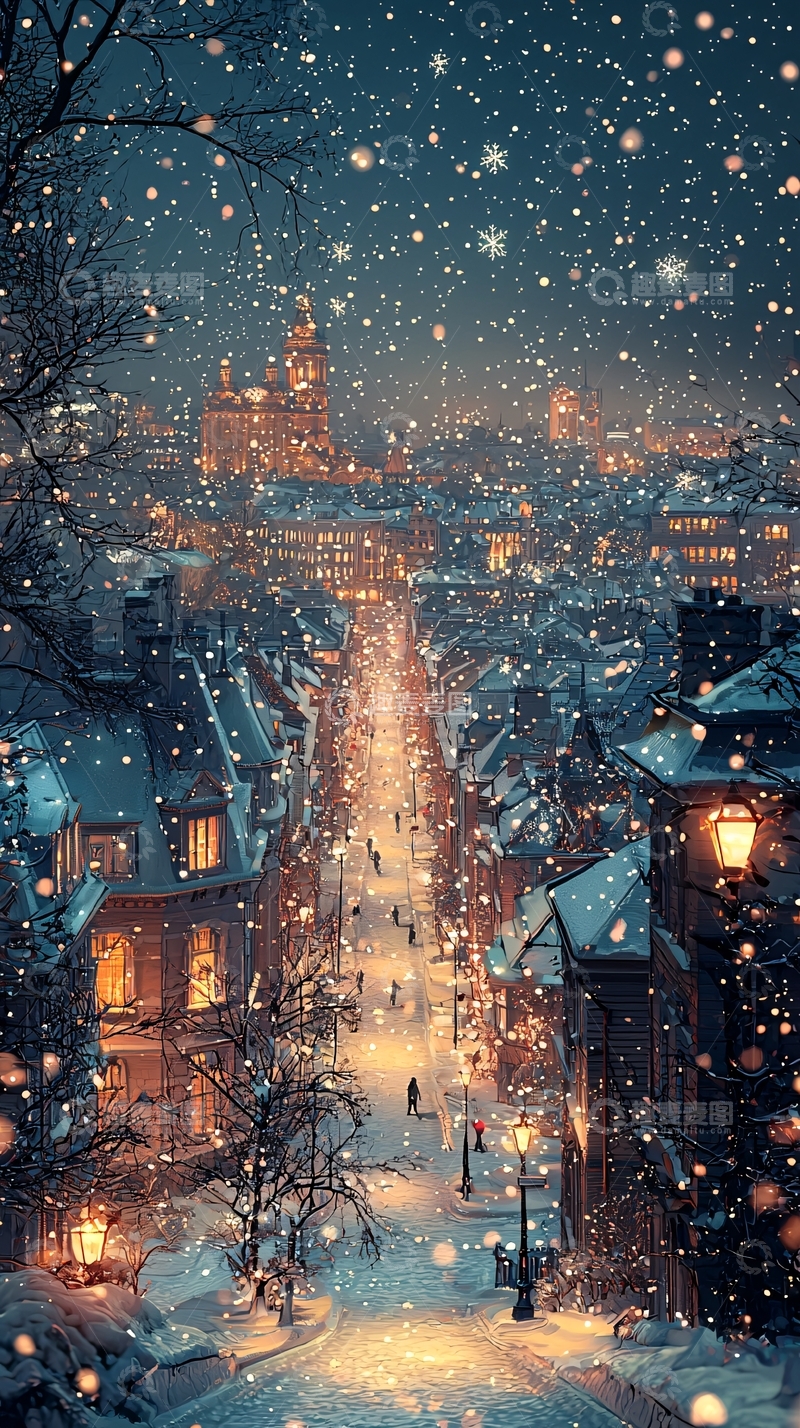 高清大图下载【趣麦麦图】下雪的欧洲小镇夜景