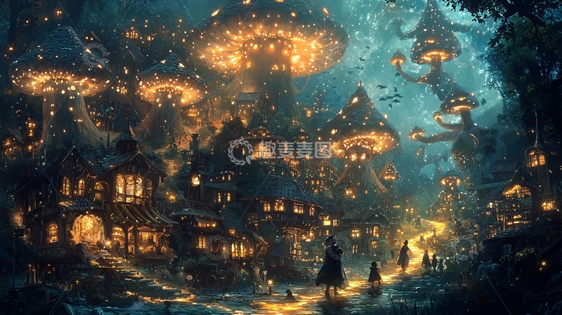 高清大图下载【趣麦麦图】发光蘑菇村庄夜景