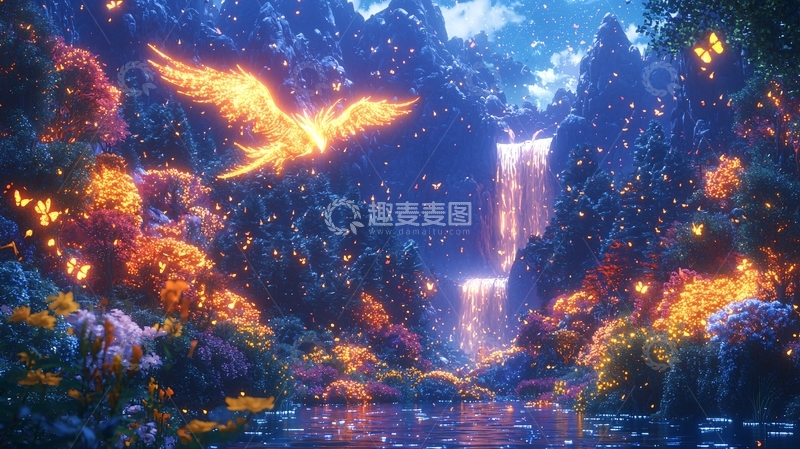 高清大图下载【趣麦麦图】梦幻萤火鸟峡谷