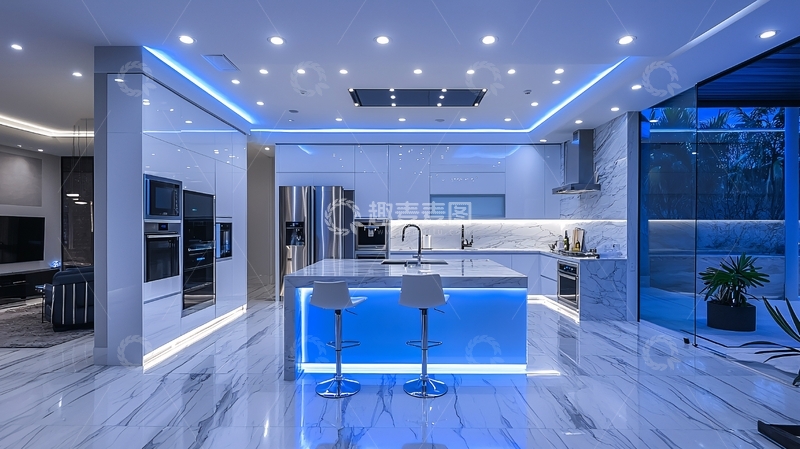 高清大图下载【趣麦麦图】现代化蓝色灯光厨房