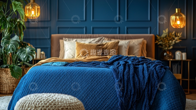 高清大图下载【趣麦麦图】深蓝色卧室背景墙
