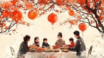 红灯笼下阖家团圆