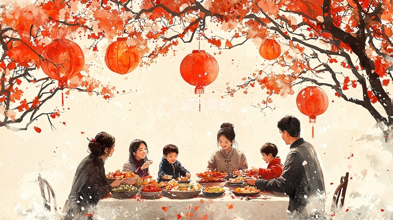 高清大图下载【趣麦麦图】红灯笼下阖家团圆