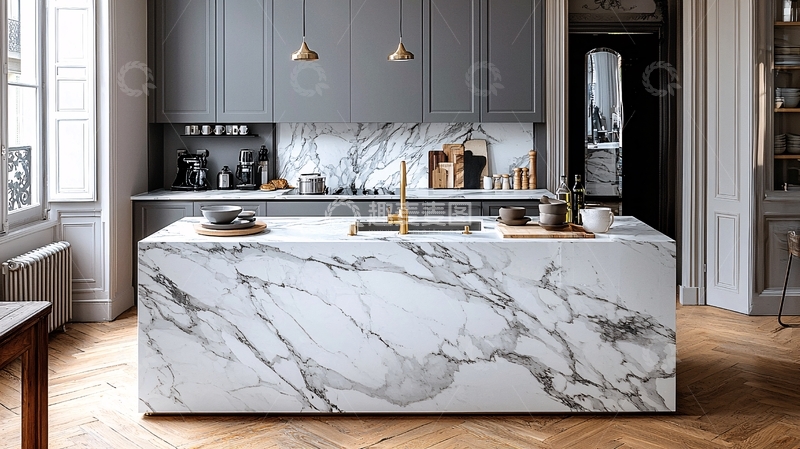 高清大图下载【趣麦麦图】灰色橱柜大理石岛台厨房