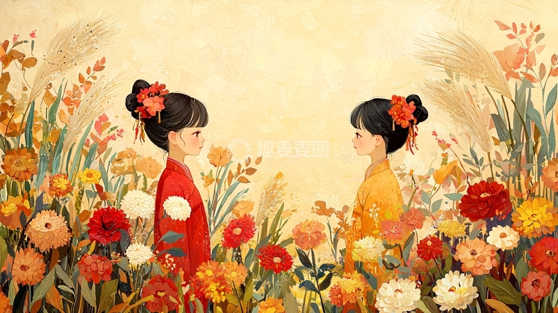 高清大图下载【趣麦麦图】秋日花丛中两位少女