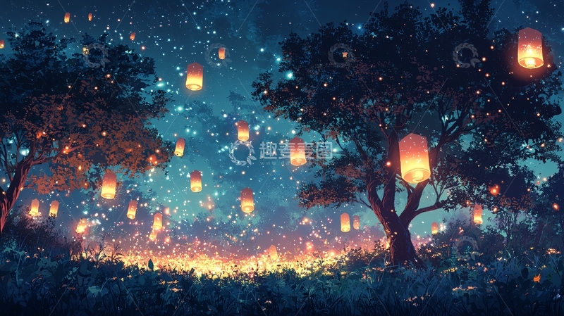 高清大图下载【趣麦麦图】梦幻星空树林灯笼