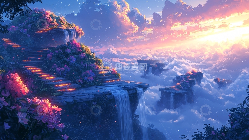 高清大图下载【趣麦麦图】梦幻般的云雾瀑布城堡