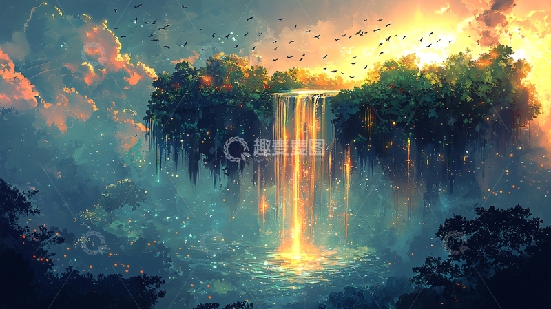 高清大图下载【趣麦麦图】漂浮岛屿瀑布梦幻场景