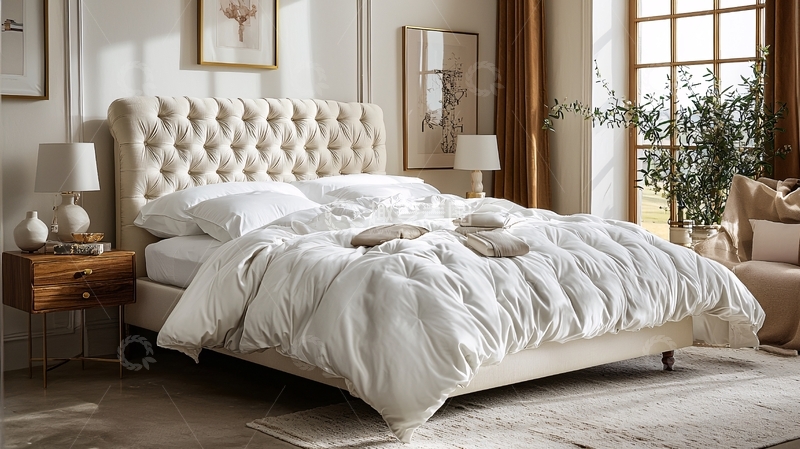 高清大图下载【趣麦麦图】米色绒布床