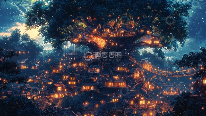 高清大图下载【趣麦麦图】巨树上的梦幻小镇