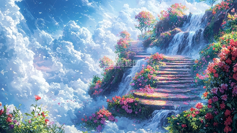 高清大图下载【趣麦麦图】云端花海瀑布阶梯