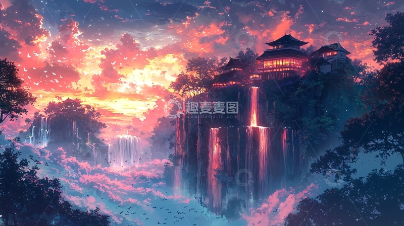 高清大图下载【趣麦麦图】悬崖上的日落古建筑