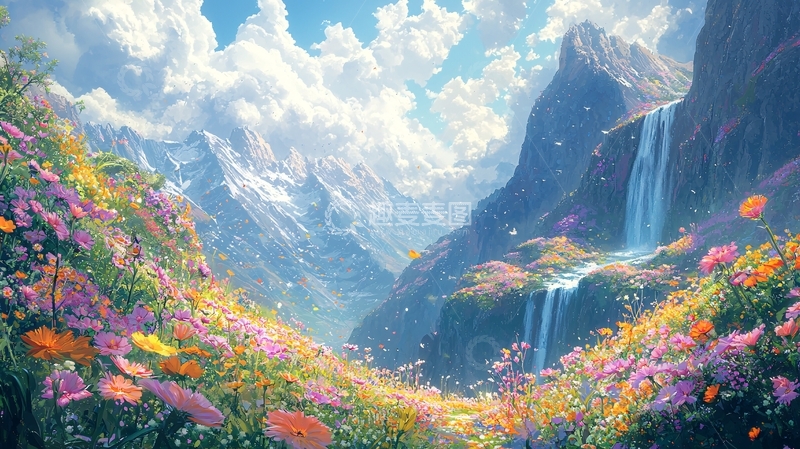高清大图下载【趣麦麦图】梦幻山谷花海瀑布