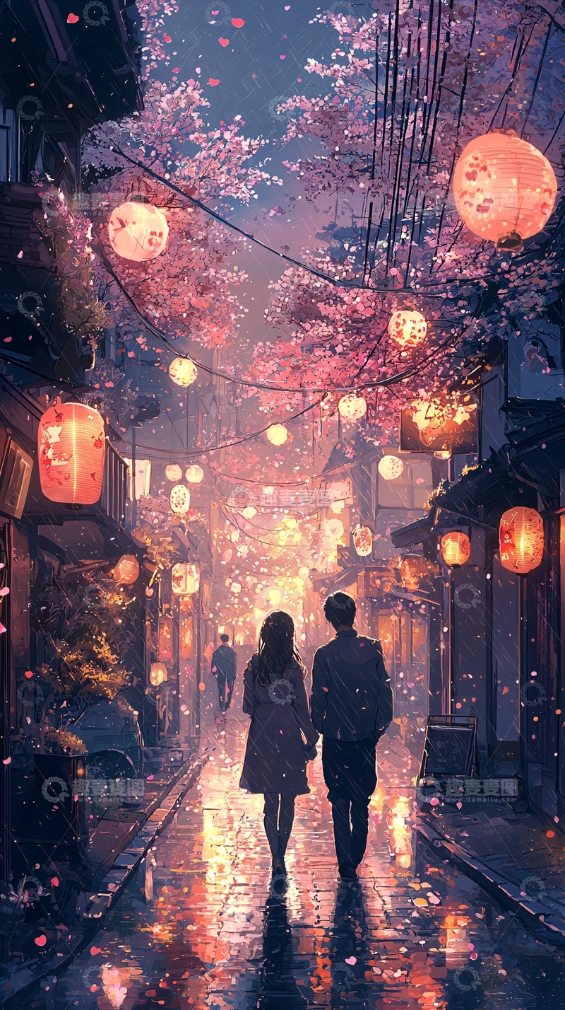 高清大图下载【趣麦麦图】夜晚樱花雨中漫步的情侣