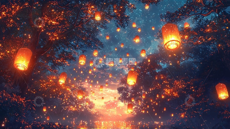 高清大图下载【趣麦麦图】夜空中飞舞的许愿灯笼