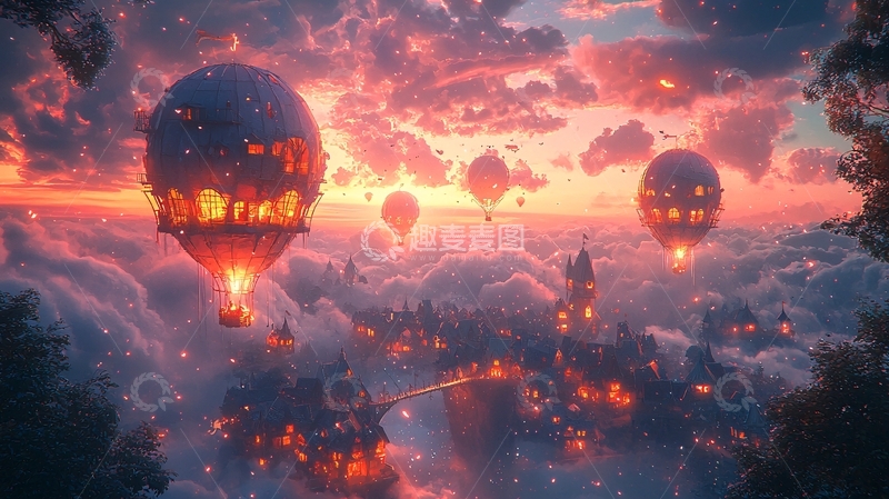 高清大图下载【趣麦麦图】梦幻热气球城市