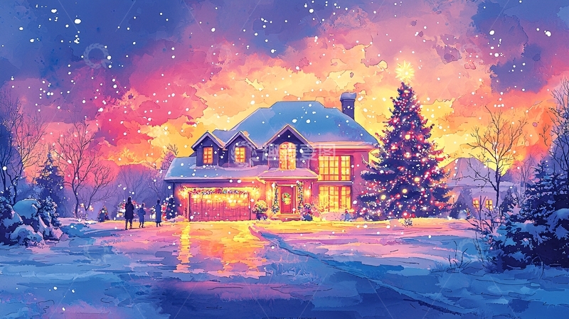高清大图下载【趣麦麦图】冬夜雪景温馨小屋