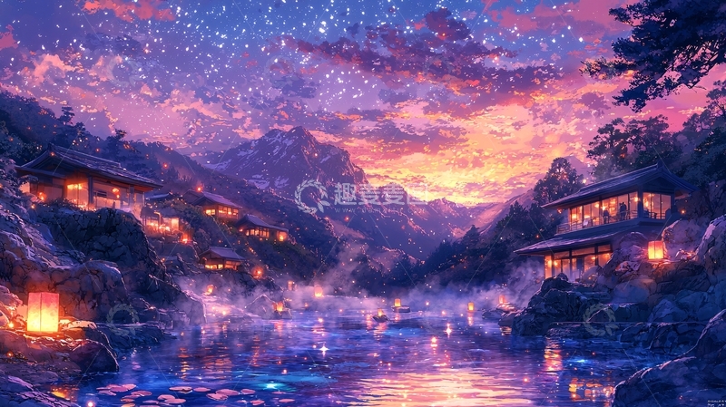高清大图下载【趣麦麦图】梦幻星空下的山村夜景