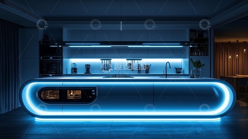高清大图下载【趣麦麦图】现代科技感蓝色灯光厨房
