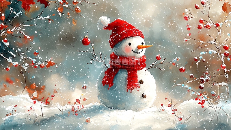 高清大图下载【趣麦麦图】戴红帽子的可爱雪人